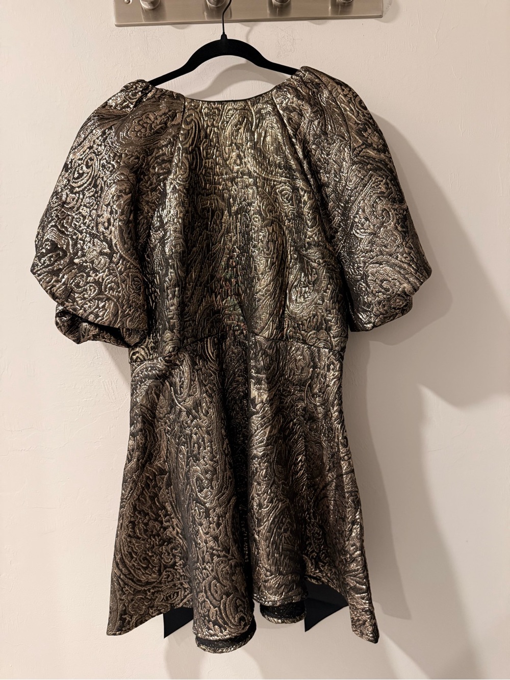 H&M Metallic Gold Brocade Puff Sleeve Fit & Flare Party Dress Size L